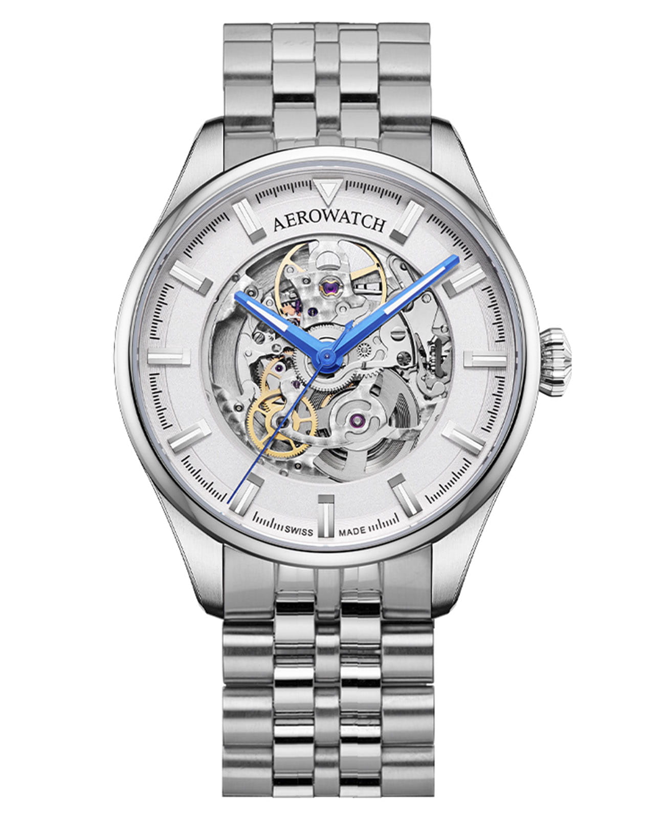 Aerowatch Aerowatch Les Grandes Classiques Skeleton Automatic 60996 AA02 SQ M  60996 AA02 SQ M механические мужские часы серебристый циферблат, браслет нержавеющая сталь — вид спереди